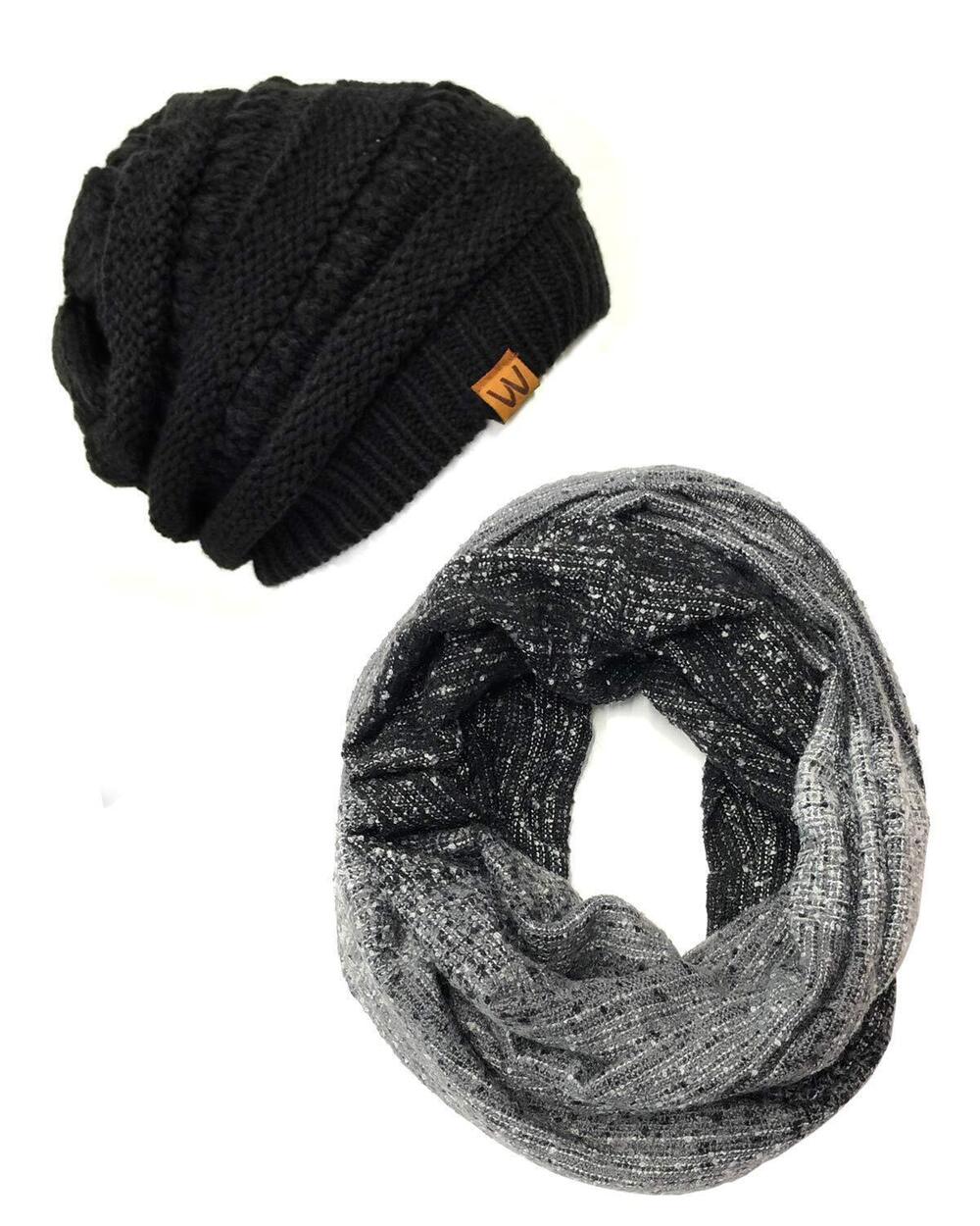 3378 Tricolor Winter Knit Infinity Scarf with Beanie, Gray + Black
